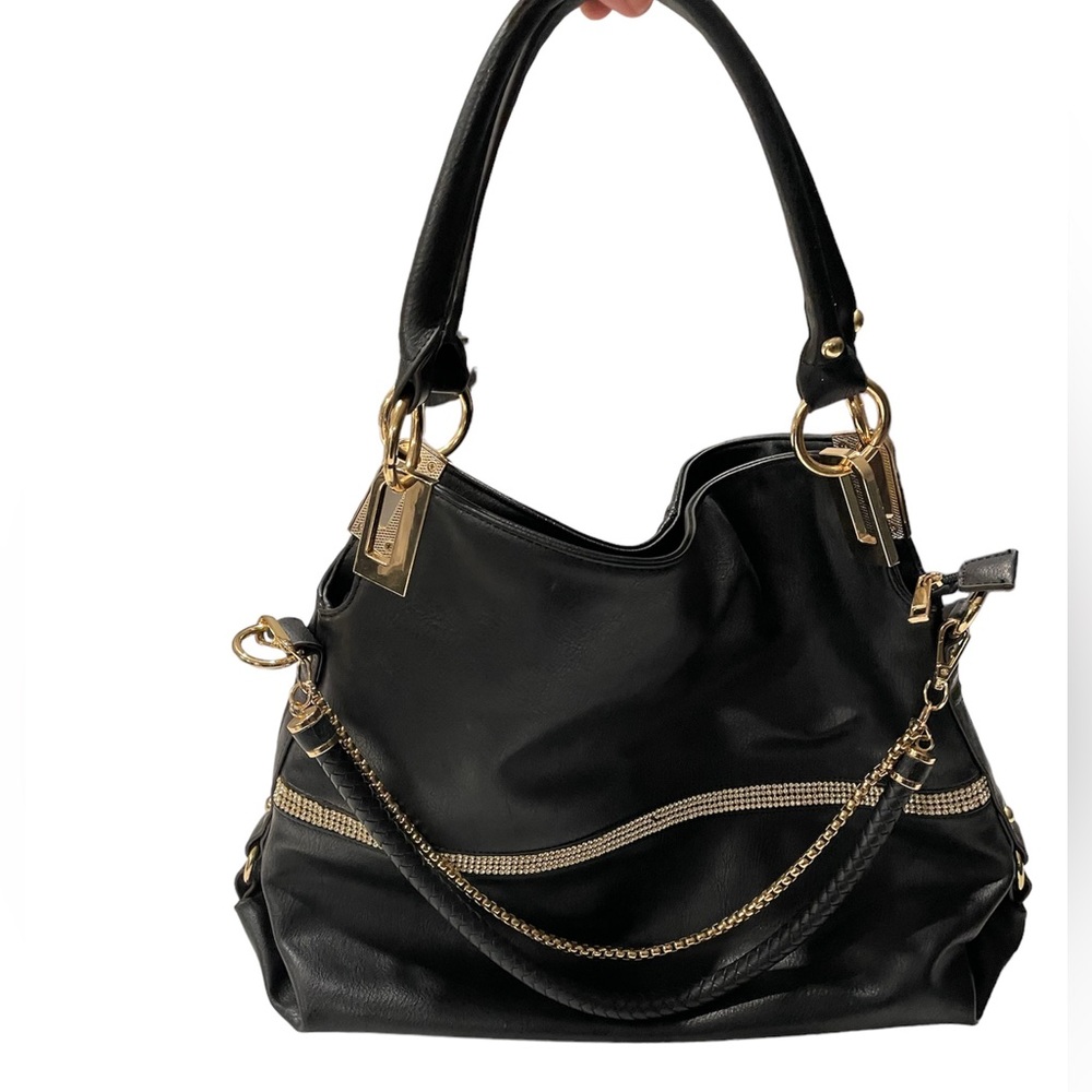 Women’s Black & Gold Bag | Large‎ | Rhinestones | Gold Hardware | Brown Interior
